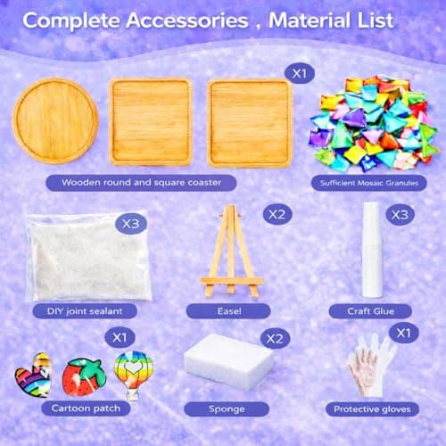 GHAHILI 3 Sets DIY Glass Mosaic Tiles for Crafts with Wooden Coasters Mosaic Kits for Adults Women Mosaic Art Kits Craft Mixed Color Handmade Making Kit Set Decorations for Home Gifts - Thumbnail 4
