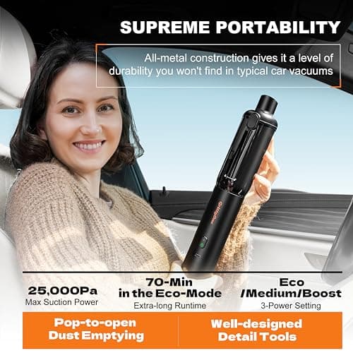 GrittyOne Car Vacuum Portable Cordless,25,000Pa Handheld Vacuum Cordless,70-Min Extra-Long Battery Life,Fantastic Suction, HEPA Filters, Maneuverable, Versatile Crevice Tools,for Car and Home, Black - Thumbnail 3