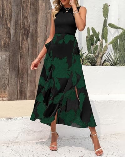 BTFBM Women Casual Sleeveless Summer Dresses 2026 Spring Crewneck Patchwork Boho Floral Ruffle Cocktail Party Midi Dress(Big Floral Dark Green, XX-Large) - Thumbnail 2