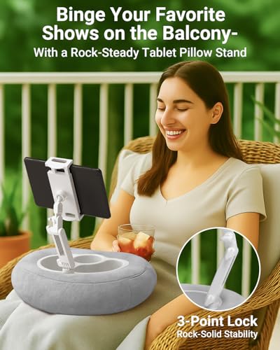 Tablet & Kindle Pillow Stand for Bed, Adjustable iPad Holder for Couch and Lap with 2 Snack Bowls, Cup Holder, 50 Disposable Liners and Washable Cover, Grey - Thumbnail 5
