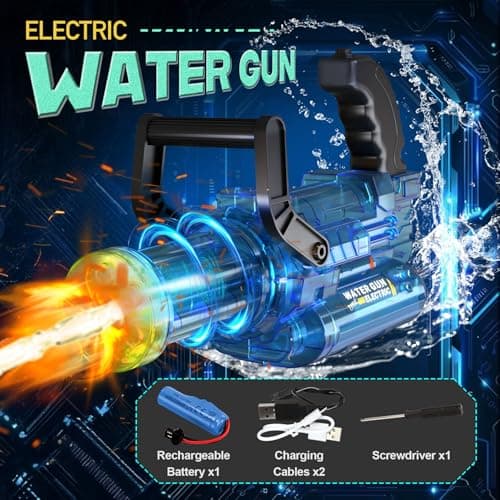 Electric Water Gun Automatic Gatling – 30FT Range, 400ml Capacity, Rotating Barrel with LED Muzzle Flash, Rechargeable Battery Powered Squirt Gun for Outdoor (Gatling Water Gun - Black) - Thumbnail 2