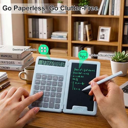 Niodel Desktop Calculator with 6.5" LCD Writing Tablet, 12-Digit Foldable Desktop Calculator with Stylus, Portable Professional Financial Notepad for School, Office & Business(Blue) - Thumbnail 2