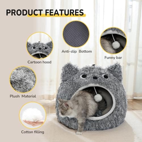 CATISM Cat Bed, Cat Beds for Indoor Cats - Kitten Bed Cave Washable, Soft Plush Hooded, Removable Pillow, Non-Slip Base, Large Cave for Kitty - Thumbnail 5