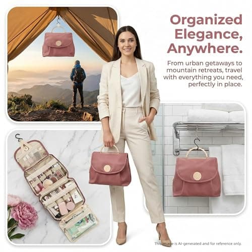JATHIN Travel Toiletry Bag for Women - Hanging Cosmetic Makeup Organizer with Clear Compartments, Water-Resistant Cosmetic Bag, Perfect for Vacation, and Daily Use (pink) - Thumbnail 2