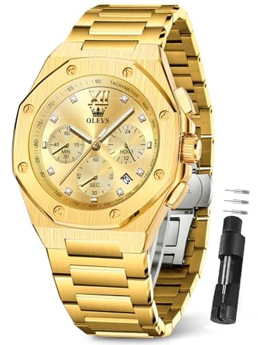 OLEVS Gold Watches for Men,Mens Gold Watch Luxury Mens Waterproof Watches Big Face Chronograph Stainless Steel Quartz Man Watch with Date Dress Diamond Relojes de Hombres Luminous - Image 1