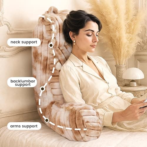 Amélie Home Faux Fur Reading Pillow with Pocket for Sitting in Bed, Adult Backrest Bed Pillow with Washable Cover for Lounging, Watching TV/Gaming/Resting/Post/Surgery/Nursing, Tie-dye Khaki 25 inches - Thumbnail 2