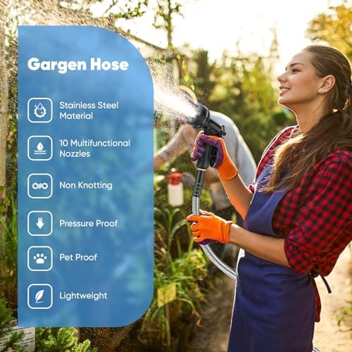 Garden Hose 50 FT, Metal Stainless Steel Water Hose with 10 Function Nozzles, No Kinks, Flexible Hose, Lightweight, Puncture Proof, Heavy Duty Hose for Yard and Outdoor - Thumbnail 2