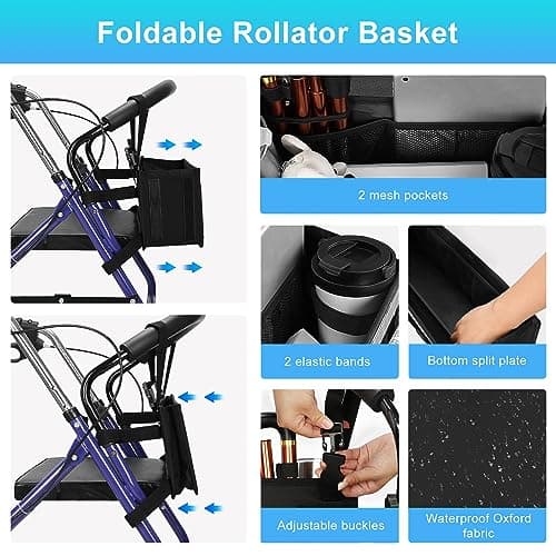 Rollator Basket, supregear Rollator Walker Bag w/Cup Holder, Foldable Rolling Walker Waterproof Storage Pouch with Big Capacity & Never Tipping Over, Easy to Use Rollator Accessories for Seniors - Thumbnail 5