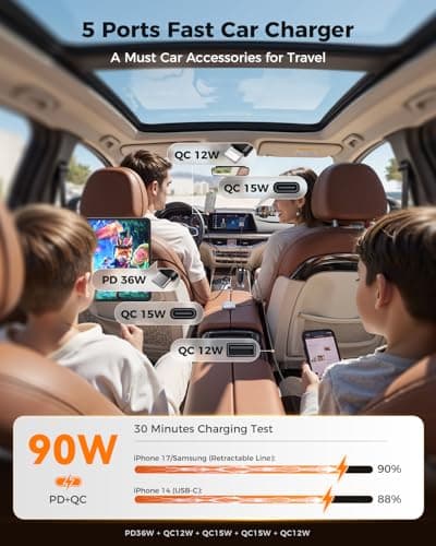 Retractable Car Charger 5-in-1, SUPERONE 90W Car Phone Charger with Dual Cables Fast Charging, USB C Car Charger Adapter with Multi Ports for iPhone 17/16/15/14/13/12, Galaxy S25, Pixel, ipad - Black - Thumbnail 2