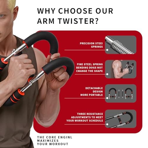 Arm Trainer for Men 5-Level Adjustable Resistance (45-110 lbs) Twister Chest Workout Equipment for Women Exerciser Bar Biceps Triceps Forearm Abdominal Thigh Back Muscle Exerciser (Red) - Thumbnail 3