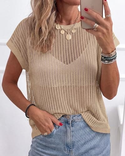 KIRUNDO Crochet Tops for Women 2026 Summer Beach Vacation Clothes Cover Up Mesh Top Lightweight Sweater Cruise Resort Wear(Apricot, XX-Large) - Thumbnail 2