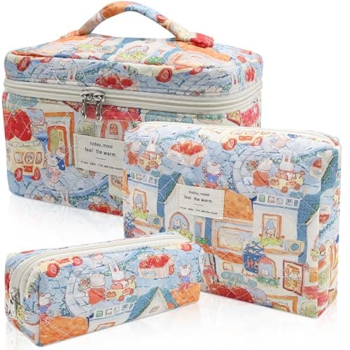Gosect 3pc Makeup Bag Set, Quilted Makeup Bag Set, Large Floral Cosmetic Bag for Women, Cute Cotton Makeup Bags, Flower Travel Toiletry Organizer Bag (Rabbit Print) - Image 1