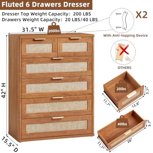 LEYAOYAO Rattan Dresser for Bedroom, 41" Tall Chest of Drawers, Modern 6 Drawers Boho Dressers with Storage, Vintage Brown Dresser Wooden Closet Organizer for Living Room, Hallway - Thumbnail 2