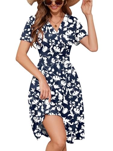 Heymoments Women's Summer Comfy Swing Sundress Navy Blue Silhouette Medium Short Sleeve Casual Midi Dress Wrap V Neck A-Line Classy Beach Vacation Teacher Dresses with Pockets - Image 1