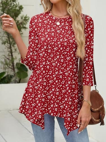 JUSTFASHIONNOW Tunic Tops for Women Loose Fit Dressy Casual 3/4 Length Sleeve Womens Spring Plus Size Tops Ladies Floral Clothing（Floral Red，XX-Large - Thumbnail 3