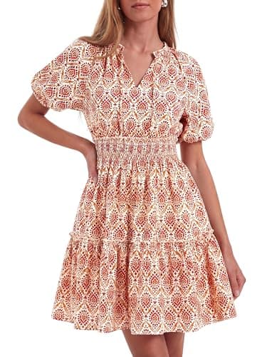 BTFBM Summer Dresses for Women 2026 Ruffle Short Sleeve Elastic Waist Tiered Floral Mini Dress Beach Vacation Sundresses(Floral Apricot Red, XX-Large) - Image 1