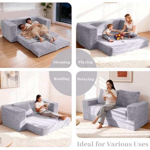 Kasunpul 62" Convertible Sofa Bed, 4 in 1 Folding Couch Bed with Corduroy Fabric & 2 Pillows, Pull Out Floor Couch for Living Room, Bedroom, Apartment (Light Grey) - Thumbnail 4