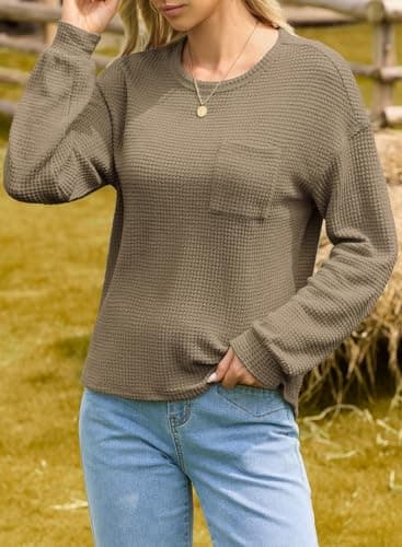 Dokotoo Women's Clothing Blouses Crewneck Long Sleeve Tops Waffle Shirts Top for Women Plus Size Clothes 2026 Summer Spring Sweaters Lightweight Fashion Trendy T Shirts Womens Crewneck Shirts - Thumbnail 4