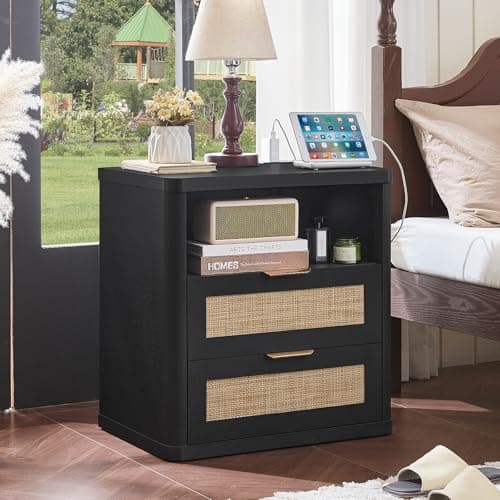 LEYAOYAO Rattan Nightstands with Charger Station, 23" Wide Boho Night Stand with 2 Drawers, Black Bedside Table Open Shlef, Bed Side End Table Dresser for Bedroom, Living Room Hallway - Thumbnail 3