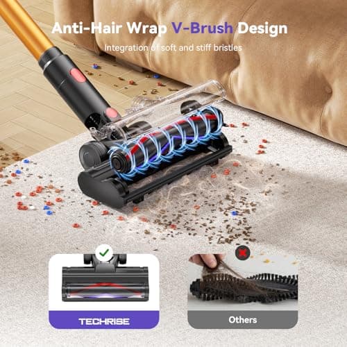 TechRise Cordless Vacuum Cleaner, 500W/45Kpa Stick Vacuum for Home, Anti-Tangle Brush & 8-in-1 Self-Standing, Up to 60Mins Runtime Lightweight with LED Display for Hardwood Floor,Carpet,Pet Hair - Thumbnail 5