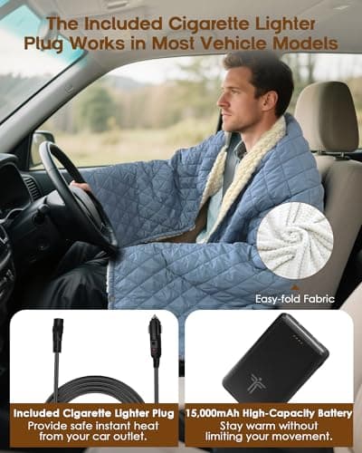 tomilk Heated Camping Blanket Battery Operated, 12V Cordless Heated Blanket with 15000mAh Battery, Wearable Heated Camping Blanket (Blue) - Thumbnail 3