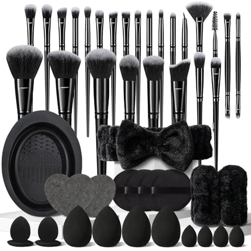 HGHDBT 47Pcs Black Makeup Brushes Set Professional Premium Synthetic for Blush Foundation Eye Shadow Concealer Powder Eye & Face Make up Brush Kit with Beauty Blender Sponge Set Tools