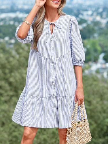 BTFBM Womens Summer Dresses 2026 Striped Mini Dress Half Sleeve Button Down Casual Flowy Beach Vacation Outfits Pockets(Light Blue, X-Large) - Thumbnail 6