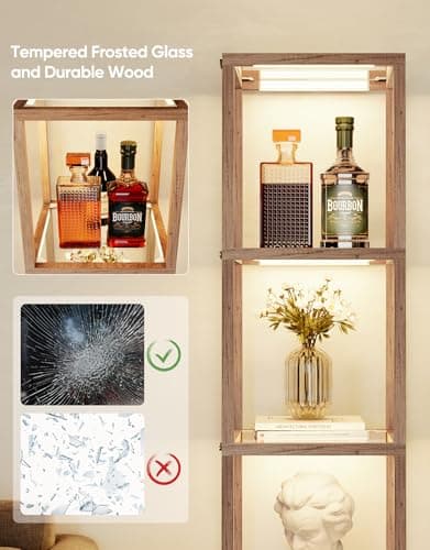 PARTPHONER Floor Lamp Glass Display Shelf with Remote/APP Control, Dimmable LED Floor Lamp with Shelves, Open Display Cabinet, Color Temp Control (2700K-6000K), Oak Gray - Thumbnail 5