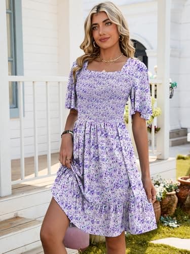 UEAL Easter Dresses for Women 2026 Flowy Lilac Spring Wedding Guest Summer Sun Dress XX-Large Purple Floral - Thumbnail 3