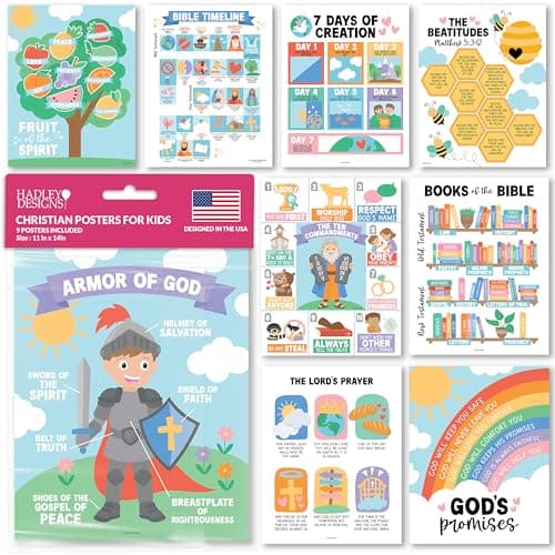 Hadley Designs Sunday School Decorations for Classroom –9 Bible Posters for Kids, Books of the Bible, 10 Commandments, Bible Timeline Chart, Fruits of the Spirit, Rainbow Christian Classroom Decor