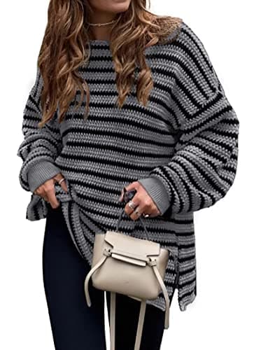 KIRUNDO Women's 2026 Fall Winter Oversized Long Sleeve Striped Sweater Casual Crewneck Side Split Pullover Knit Tops(Grey, Medium) - Image 1