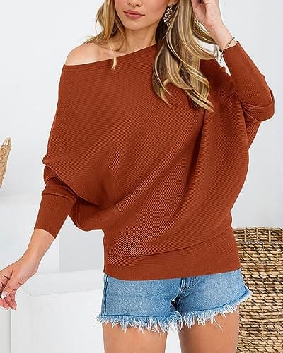 Zenlonr Women's Fall Winter Sweaters 2025 Casual Long Batwing Sleeve Loose Off Shoulder Knit Pullovers Jumper Tops(Orange,Large) - Thumbnail 2