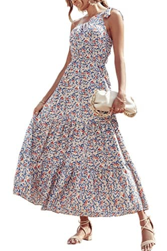 PRETTYGARDEN Women's Summer Floral Maxi Dress Knot One Shoulder Sleeveless Ruffle Flowy Boho Beach Wedding Guest Dresses(Blue White,Medium) - Image 1