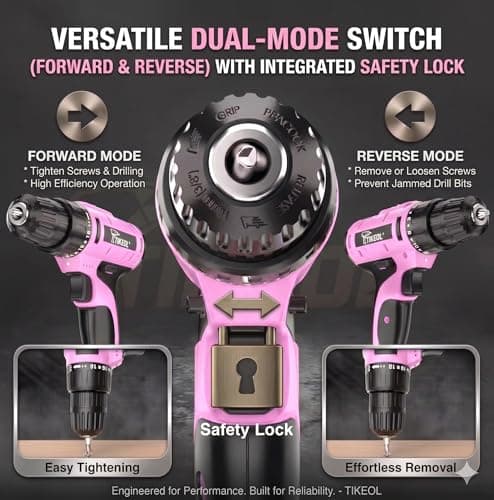 TIKEOL 20V Cordless Pink Drill Set with Battery & Charger, 2-Speed Power Drill for Women, Pure Copper Motor, 250 In-lbs, 3/8" Keyless Chuck, Tool Kit for Home DIY（Pink） - Thumbnail 4