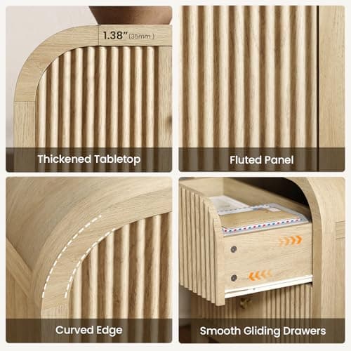 ModernMate Modern 2-Drawer Nightstand with Wave-Fluted Front & Curved R-Angle Top, Thickened Wood Bedside Table with Brushed Copper Pulls for Bedroom - Thumbnail 6