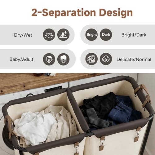 StorageWorks 280L Large Laundry Hamper with Wheels, Laundry Basket with Wheels 2 Sections, Clothes Sorter Cart with Divider for Hotel, Home, Beige, 1-Pack - Thumbnail 5