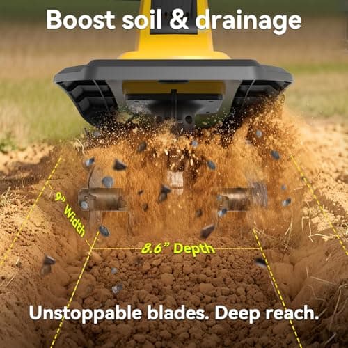 21V Cordless Garden Tiller with 8.0Ah Battery (2×4.0Ah + Charger) – 360RPM, 9" Tilling Width & 8.6" Depth, SK5 Steel Blades, 3 Adjustable Height Settings for Garden, Raised Beds & Lawn - Thumbnail 4
