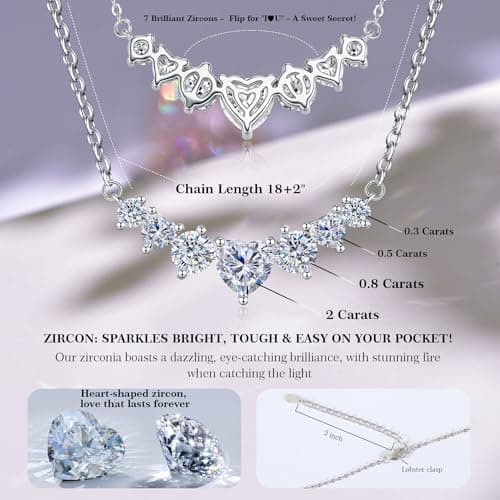 JACUPO 5.2CT Heart Shaped Multiple Cubic Zirconia Necklace for Women S925 White Gold Plated I Love You Necklace Wedding Anniversary Birthday Gift for Wife Mom Girlfriend Ladies Jewelry - Thumbnail 3