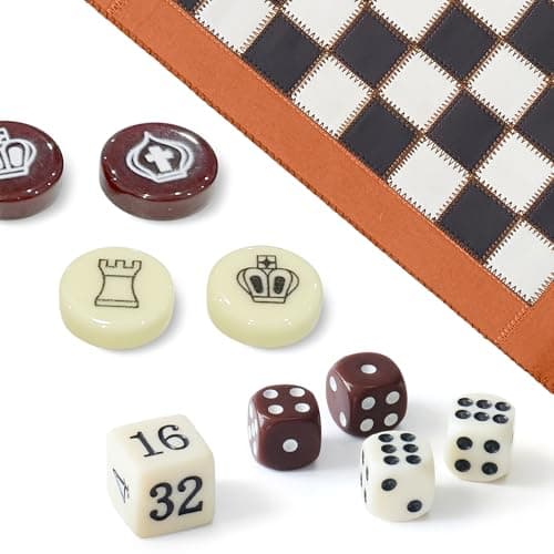 Woodronic Travel Backgammon Set 3 in 1 Chess & Checkers Board Game for Teens Adults Roll Up Leather Portable Games with 32 Premium Pearl Pieces 5 Dice 11x8.5 Inch Family Travel Gift - Thumbnail 3