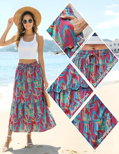 Aprolive Womens Boho Maxi Skirt Drawstring High Waist A-Line Skirt Pleated Ruffle Long Skirts Summer Casual Vacation Outfits(1-A Multicolor,Small) - Thumbnail 6