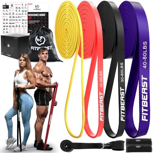 FitBeast Resistance Bands Set, 4 Different Levels, Pull Up Assist Bands for Strength Training, Powerlifting, Muscle Toning, Mobility Exercises, Full-Body Workout (Rainbow 5-80 lbs)