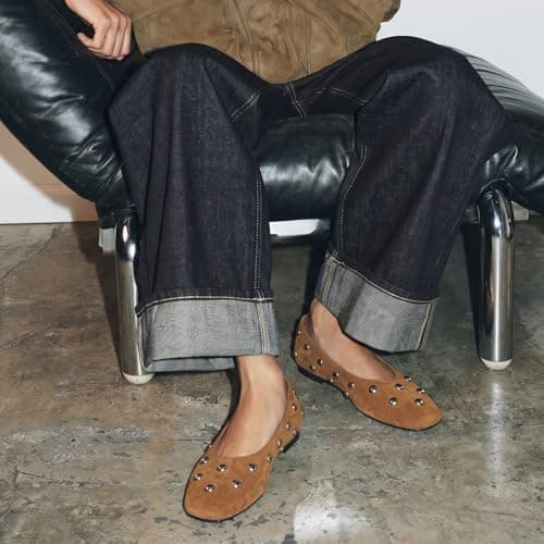RBTHOLP Studded Flats for Women Suqare Toe Slip on Suede Ballet Flats Comfortable Walking Studs Ballet Shoes Brown - Thumbnail 3