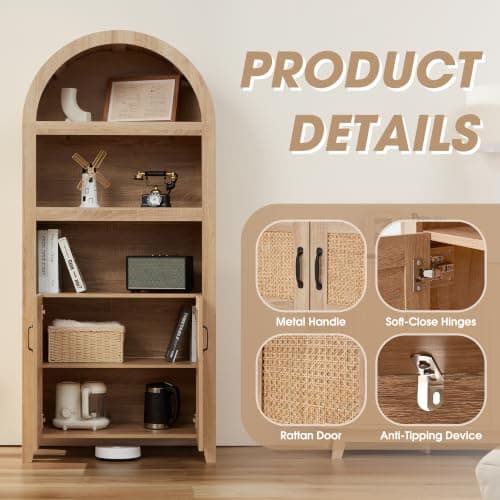 HABUTWAY 72'' Arched Storage Cabinet with Beech-Rattan Door, Tall Bookshelf with Adjustable Shelves, Modern Farmhouse Wooden Bookcase Kitchen Pantry Cabinet for Living Room, Natural - Thumbnail 4
