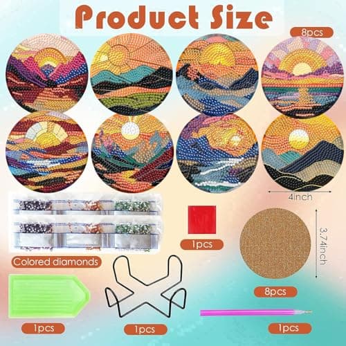 ijbnhd 8 Pcs Sunset Diamond Art Coasters Kits, Sunset Diamond Painting Coasters Kit with Holder, Non Slip Coaster Crafts Kits for Adults Gifts 4x4 inch (Cork Wooden Pad) - Thumbnail 3