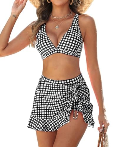 High Waisted Bikini Sets for Women Gingham Push Up Two Piece Swim Skirt Set Tummy Control Bathing Suit 2026 Swimsuit Curvy V Neck Ruffle Full Coverage Tops and Bottoms Matching Set Plaid Black Small - Image 1
