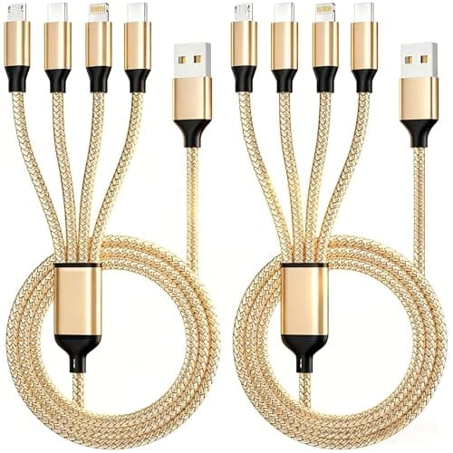 Jogrytece Travel Essentials, Dual Type-C 4 in 1 Charging Cable 2 Pack 5FT Multi Charging Cables for All Devices,iPhone Charger Cord Adapter 2 USB-C/IP/Micro Port for Phones,Pad,Galaxy (Gold)