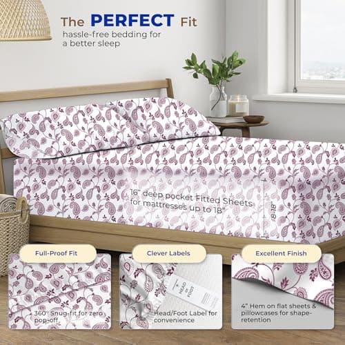 THREAD SPREAD Luxury Egyptian Cotton California King Printed Sheet Set, 600 Series Bliss Collection Extra Long Staple Set (4 PC, Paisley), Cal King Sheets Upto 18" Deep Pocket - Thumbnail 4