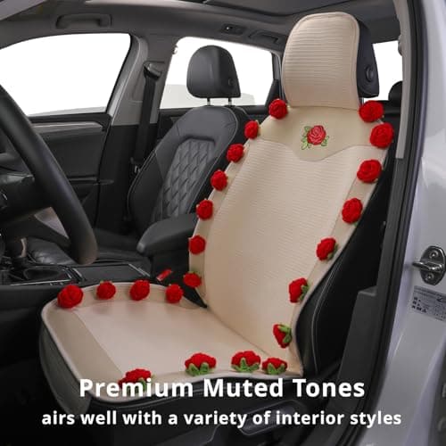 Custaura Car Seat Covers,Handmade 3D Rose Design Floral Car Seat Protector,Beige & Red Elegant Seat Cushion,Luxury Universal Automotive Front Seat Covers for Women for Cars,SUVs & Trucks(1-Piece) - Thumbnail 5