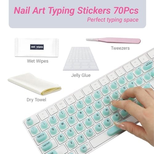 Raised Keyboard Stickers for Long Nails with Letters - Heart-Shaped Antistatic Silicone Protective Cover with Tweezers, Wet Wipes, Dry Towel & Jelly Glue, Ideal for Typing, Gaming & Nail Art (70 Pcs) - Thumbnail 2