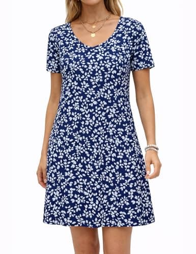 Ctsazhy Women’s Casual Dress, V Neck Short Sleeve Dress with Relaxed Fit (US, Alpha, Medium, Regular, Regular, Blue) - Image 1